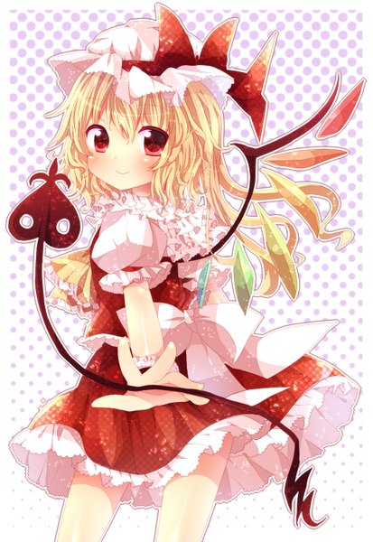 Anime picture 1034x1500 with touhou flandre scarlet abandon ranka single tall image blush short hair blonde hair smile red eyes looking back girl dress weapon wings bonnet laevatein (touhou)
