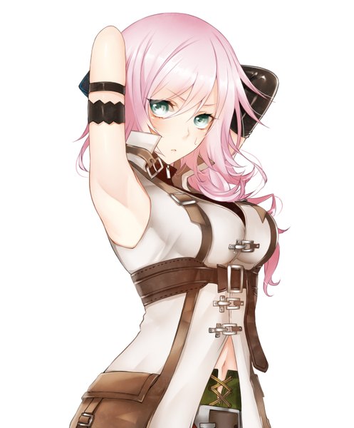 Anime picture 1230x1485 with final fantasy xiii lightning farron ut (apt) single long hair tall image looking at viewer blush breasts open mouth blue eyes simple background large breasts white background pink hair armpit (armpits) arms behind head open collar girl gloves