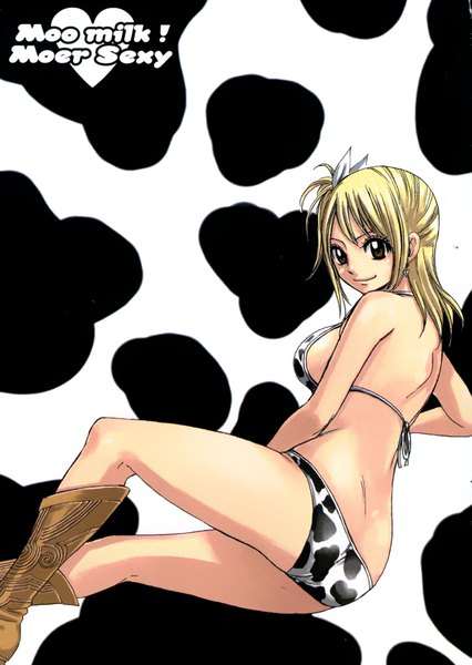 Anime picture 1419x2000 with fairy tail lucy heartfilia single long hair tall image light erotic blonde hair simple background smile brown eyes looking back inscription one side up girl swimsuit earrings bikini boots