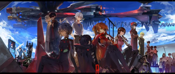 Anime picture 3150x1354 with neon genesis evangelion rebuild of evangelion evangelion: 2.0 you can (not) advance evangelion: 3.0 you can (not) redo gainax soryu asuka langley tagme (character) ayanami rei ikari shinji nagisa kaworu makinami mari illustrious katsuragi misato ikari gendou akagi ritsuko horaki hikari aida kensuke fuyutsuki kohzou aoba shigeru saberiii long hair