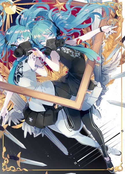 Anime picture 648x900 with vocaloid reversible campaign hatsune miku lyodi (artist) long hair tall image fringe hair between eyes twintails bare shoulders multiple girls looking away bent knee (knees) nail polish pleated skirt aqua eyes fingernails aqua hair high heels alternate costume
