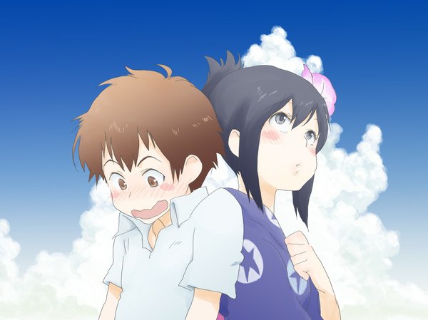 Anime picture 1067x800 with summer wars madhouse shinohara natsuki koiso kenji inuzumi blush short hair open mouth black hair brown hair brown eyes payot sky cloud (clouds) traditional clothes japanese clothes hair flower grey eyes embarrassed looking down