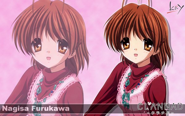 Anime picture 1920x1200 with clannad key (studio) furukawa nagisa ikeda kazumi single looking at viewer highres short hair open mouth brown hair wide image brown eyes ahoge :d copyright name character names third-party edit zoom layer girl