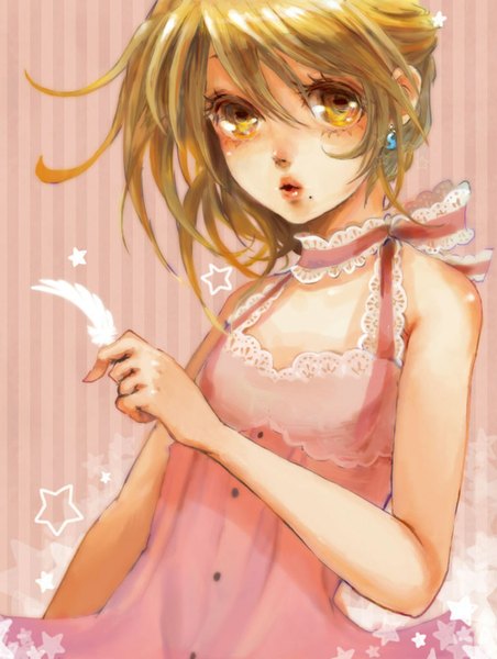Anime picture 753x1000 with zone-00 (manga) tagme (character) piyoyanagi single tall image looking at viewer short hair open mouth blonde hair yellow eyes mole mole under eye striped pink background striped background girl dress earrings star (symbol) feather (feathers)