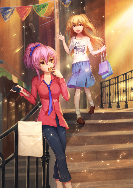 Anime picture 707x1000 with idolmaster idolmaster cinderella girls jougasaki mika jougasaki rika kotoribako bazooka oiran long hair tall image open mouth blonde hair multiple girls brown eyes pink hair two side up girl skirt 2 girls shirt mobile phone paper bag