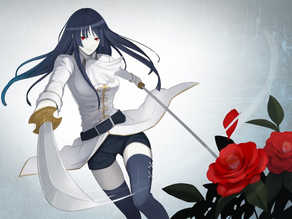 Anime picture 1600x1200 with gintama sunrise (studio) imai nobume damegane single long hair black hair simple background red eyes holding grey background dual wielding girl thighhighs uniform flower (flowers) weapon petals sword shorts