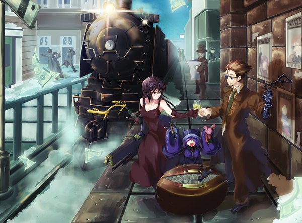 Anime picture 1400x1037 with original inz (pixiv) long hair short hair brown hair purple hair couple torn clothes group hair over eyes mechanical parts wanted girl dress boy gloves necktie eyepatch coat bottle