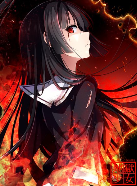 Anime picture 812x1105 with hell girl studio deen enma ai rin yuu single long hair tall image fringe black hair red eyes looking back from behind torn clothes girl blood fire flame