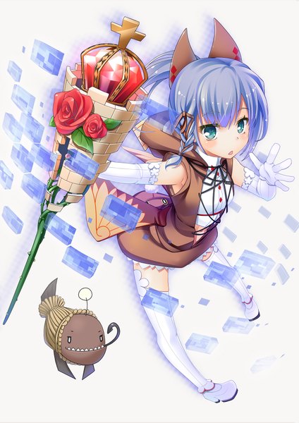 Anime picture 1273x1800 with original wapokichi tall image blush short hair open mouth blue eyes blue hair girl thighhighs dress gloves flower (flowers) white thighhighs elbow gloves rose (roses) staff