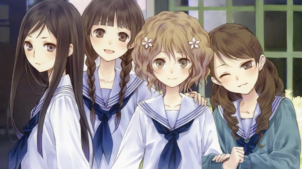 Anime picture 1920x1080 with hanasaku iroha p.a. works matsumae ohana oshimizu nako tsurugi minko wakura yuina kishida mel long hair looking at viewer blush highres short hair black hair blonde hair smile brown hair wide image standing multiple girls brown eyes