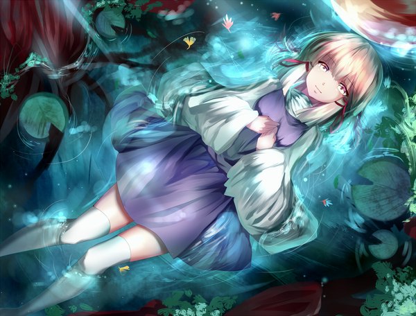 Anime picture 1021x777 with touhou moriya suwako hizagawa rau single blonde hair pink eyes light smile on back hand on chest weightlessness girl thighhighs dress ribbon (ribbons) hair ribbon hat white thighhighs water leaf (leaves)