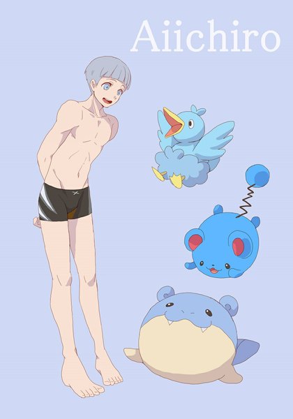 Anime picture 827x1182 with pokemon free! kyoto animation nintendo marill aiichiro nitori spheal ducklett ronisuke tall image fringe short hair blue eyes simple background grey hair character names looking down blue background hands behind back crossover