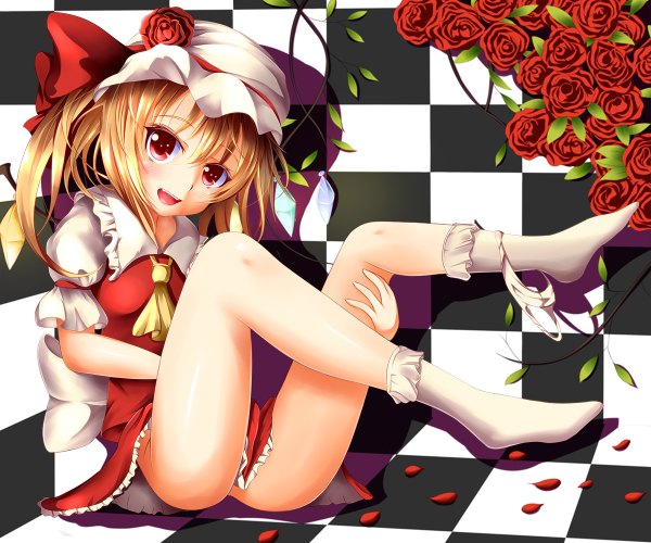 Anime picture 1200x1000 with touhou flandre scarlet takamichis211 single looking at viewer blush short hair open mouth light erotic blonde hair red eyes legs one side up checkered checkered background girl flower (flowers) petals socks rose (roses)