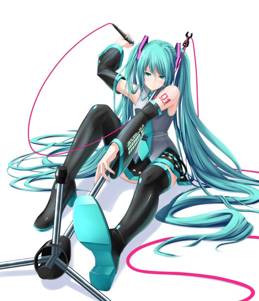 Anime picture 1425x1650 with vocaloid hatsune miku eto single long hair tall image simple background white background twintails aqua eyes aqua hair girl thighhighs detached sleeves necktie microphone wire (wires) microphone stand