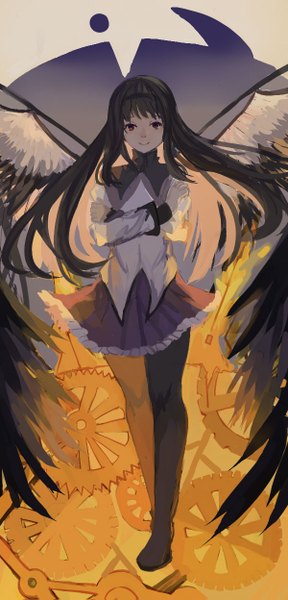 Anime picture 600x1247 with mahou shoujo madoka magica shaft (studio) akemi homura akuma homura wttwj single long hair tall image looking at viewer black hair smile red eyes standing floating hair black wings hands clasped girl wings headband gears