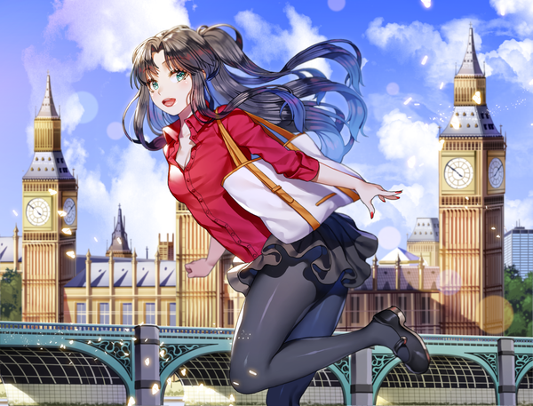 Anime picture 2000x1524 with fate (series) fate/stay night toosaka rin ruhee single long hair looking at viewer blush highres open mouth blue eyes black hair sky cloud (clouds) girl skirt miniskirt pantyhose black pantyhose bag