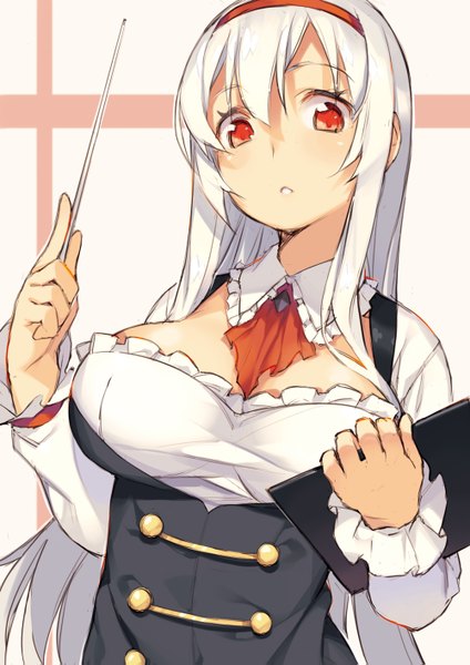 Anime picture 1000x1415 with sennen sensou aigis anna (sennen sensou aigis) itsuwa (lethal-kemomimi) single long hair tall image looking at viewer fringe breasts open mouth red eyes large breasts white hair girl headband
