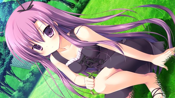 Anime picture 1280x720 with izayoi no fortuna fuyutsuki shigure miyasaka miyu long hair looking at viewer blush fringe hair between eyes wide image purple eyes game cg purple hair dutch angle girl dress plant (plants) tree (trees) grass sundress