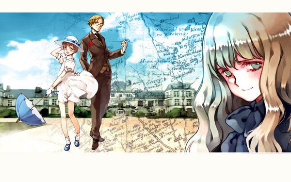 Anime picture 1920x1200 with littlewitch oyari ashito long hair highres short hair open mouth blue eyes blonde hair smile brown hair wide image multiple girls sky cloud (clouds) :d grey eyes letterboxed girl dress boy