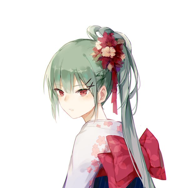 Anime picture 920x959 with original aiko (kanl) aikoliayus single long hair tall image looking at viewer blush fringe simple background hair between eyes red eyes white background payot upper body ponytail traditional clothes parted lips japanese clothes looking back