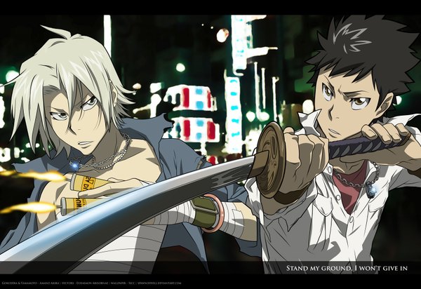 Anime picture 1600x1100 with katekyou hitman reborn gokudera hayato yamamoto takeshi boy sword