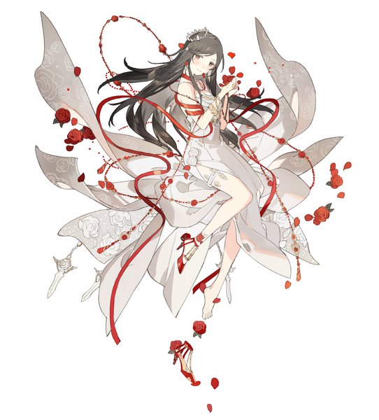 Anime picture 850x940 with miracle nikki star shadow magician single long hair tall image looking at viewer black hair simple background red eyes white background full body high heels floating hair floral print single shoe girl dress flower (flowers) ribbon (ribbons) petals