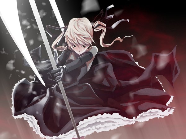 Anime picture 1280x960 with soul eater studio bones maka albarn gassun single long hair blonde hair twintails brown eyes short twintails girl dress gloves ribbon (ribbons) weapon elbow gloves scythe