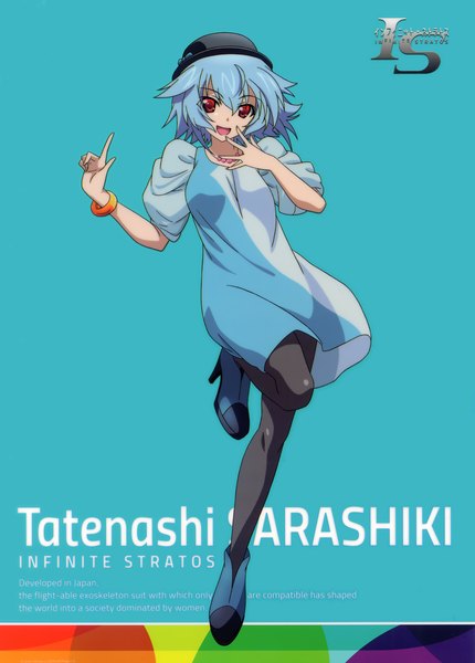 Anime picture 2781x3882 with infinite stratos 8bit sarashiki tatenashi single tall image looking at viewer highres short hair open mouth red eyes blue hair scan official art blue background girl dress hat bracelet