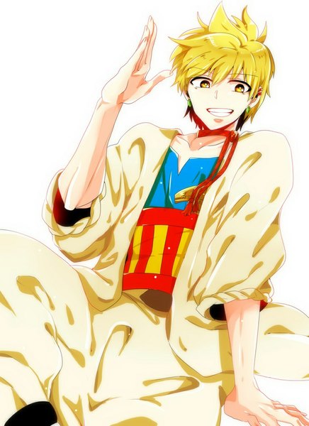 Anime picture 744x1024 with magi the labyrinth of magic a-1 pictures ali baba saluja hkm (hsk10) single tall image looking at viewer short hair simple background blonde hair smile white background sitting yellow eyes boy earrings arabian clothes