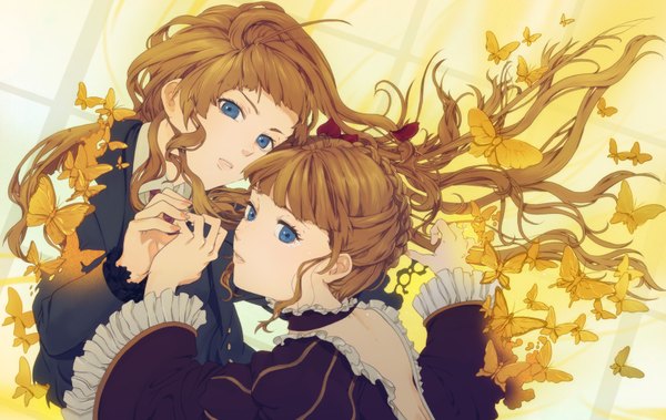 Anime picture 1660x1050 with umineko no naku koro ni beatrice kaisen long hair blue eyes brown hair multiple girls nail polish yellow background girl dress 2 girls insect butterfly