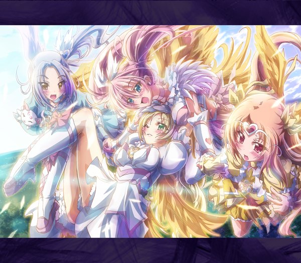 Anime picture 1600x1400 with precure suite precure toei animation houjou hibiki minamino kanade seiren (suite precure) cure melody shirabe ako cure rhythm boota hummy (suite precure) cure beat cure muse (yellow) inoshishi (ikatomo) long hair blush open mouth blue eyes blonde hair red eyes