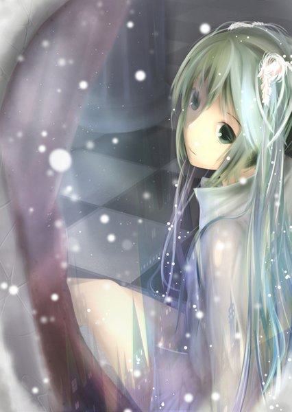 Anime picture 1085x1529 with vocaloid hatsune miku long hair tall image looking at viewer sitting twintails aqua eyes light smile aqua hair back snowing winter open collar checkered floor girl curtains pillar column
