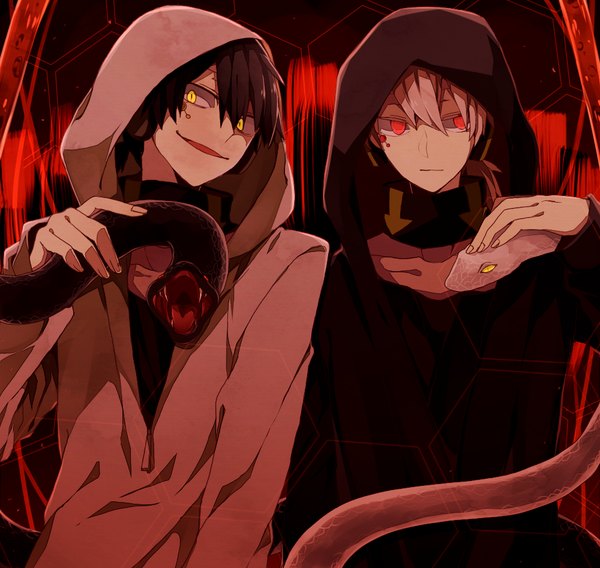 Anime picture 1000x947 with kagerou project shaft (studio) konoha (kagerou project) kuroha junjam looking at viewer short hair open mouth black hair smile red eyes holding yellow eyes looking away ponytail fingernails glowing glowing eye (eyes) dual persona smirk