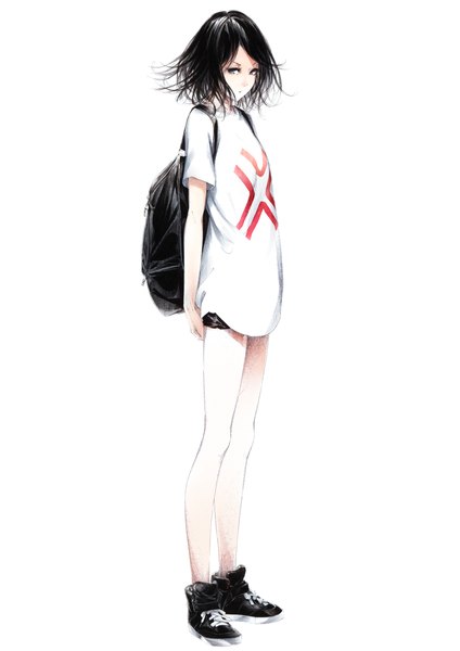 Anime picture 1131x1600 with original sousou (sousouworks) single tall image looking at viewer short hair blue eyes black hair simple background standing white background full body monochrome lacing casual partially colored girl shoes shorts t-shirt