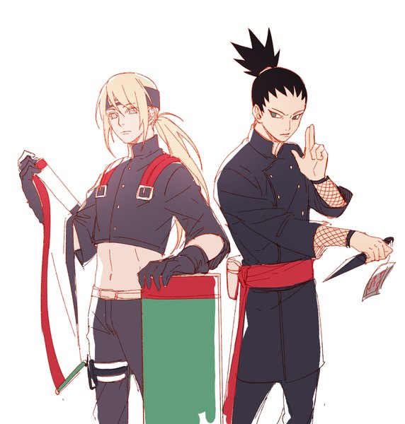 Anime picture 1647x1728 with naruto studio pierrot naruto (series) nara shikadai yamanaka inojin gusam long hair tall image looking at viewer short hair black hair blonde hair simple background standing white background holding green eyes looking away ponytail multiple boys