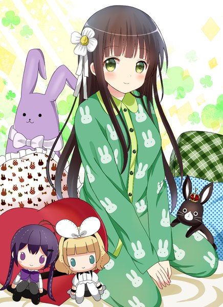 Anime picture 800x1100 with gochuumon wa usagi desu ka? white fox tedeza rize kirima sharo ujimatsu chiya anko (gochiusa) ryoutan single long hair tall image looking at viewer blush fringe black hair smile sitting green eyes blunt bangs between legs solid eyes