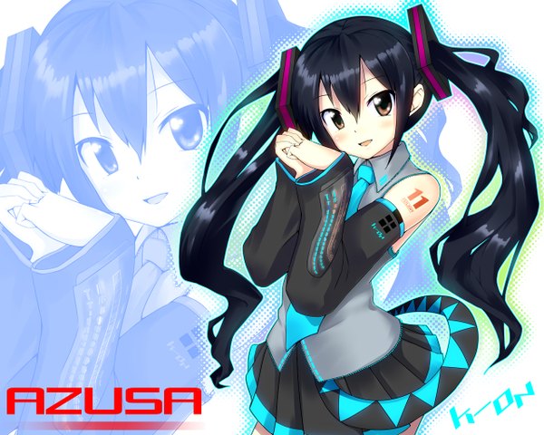 Anime picture 1280x1024 with k-on! vocaloid kyoto animation nakano azusa blush black hair twintails brown eyes cosplay zoom layer hatsune miku (cosplay) girl detached sleeves miniskirt necktie
