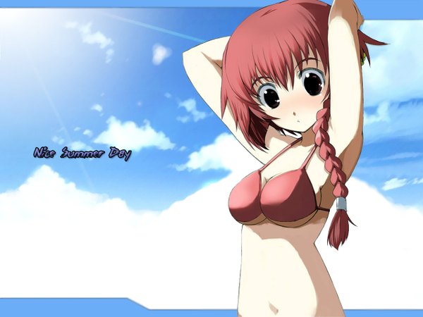 Anime picture 1280x960 with looking at viewer short hair cloud (clouds) red hair braid (braids) sunlight hands on head navel sea bikini top