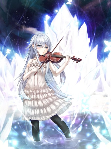 Anime picture 1200x1615 with kantai collection hibiki destroyer reitsuki kazuma single long hair tall image looking at viewer blush fringe open mouth holding grey hair grey eyes glow playing instrument girl dress pantyhose insect butterfly