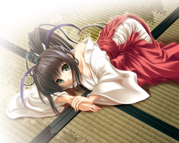 Anime picture 3375x2700 with tagme (copyright) tagme (artist) single long hair highres black hair green eyes payot ponytail lying traditional clothes japanese clothes from above on side miko girl tatami