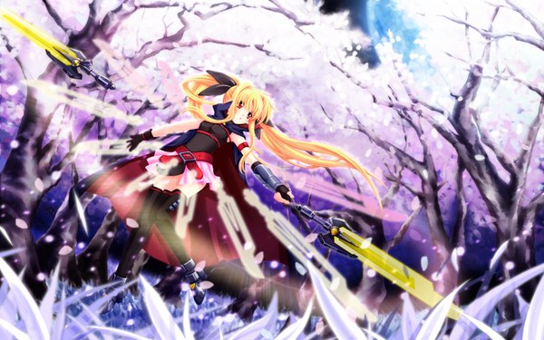 Anime picture 3000x1875 with mahou shoujo lyrical nanoha mahou shoujo lyrical nanoha strikers fate testarossa long hair highres blonde hair red eyes wide image twintails cherry blossoms girl gloves weapon plant (plants) tree (trees) belt cloak