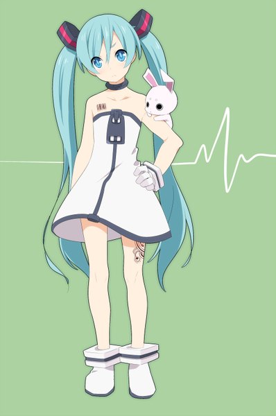 Anime picture 1000x1505 with vocaloid hatsune miku sama (artist) long hair tall image blush blue eyes simple background standing twintails bare shoulders blue hair tattoo hand on hip pale skin cosplay green background girl dress gloves