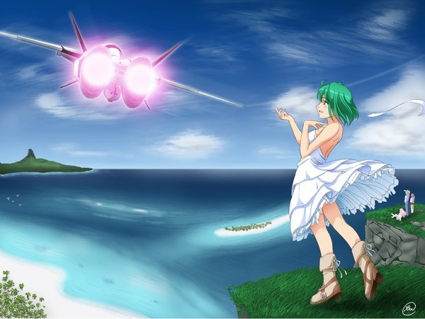 Anime picture 1024x768 with macross macross frontier ranka lee tri (pixiv) red eyes green hair dress