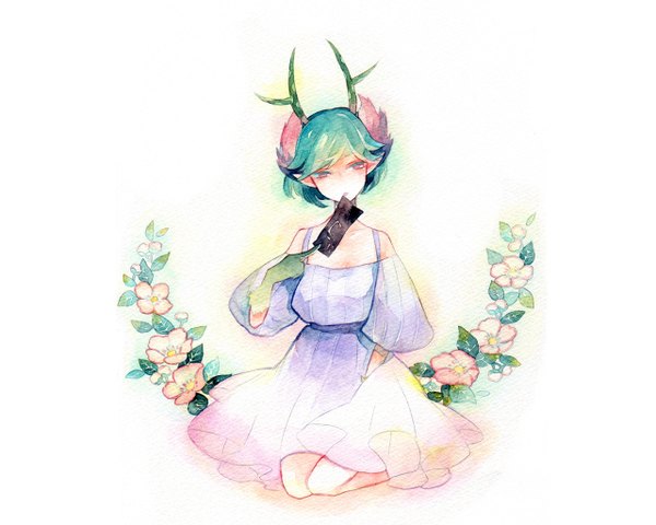 Anime picture 1280x1024 with c: the money of soul and possibility control q (control) single short hair simple background white background bare shoulders pink eyes horn (horns) green hair pointy ears eating girl dress flower (flowers) card (cards)