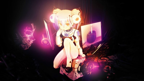Anime picture 1867x1050 with portal weighted companion cube glados single highres short hair blonde hair wide image yellow eyes white hair orange eyes finger to mouth dark background girl