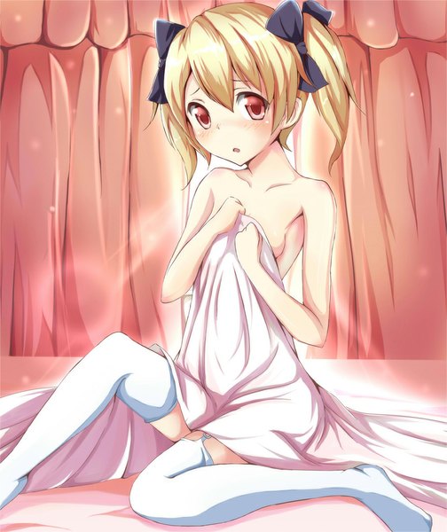 Anime picture 900x1071 with original ok-ray single tall image looking at viewer blush short hair open mouth light erotic blonde hair red eyes twintails girl thighhighs bow hair bow white thighhighs