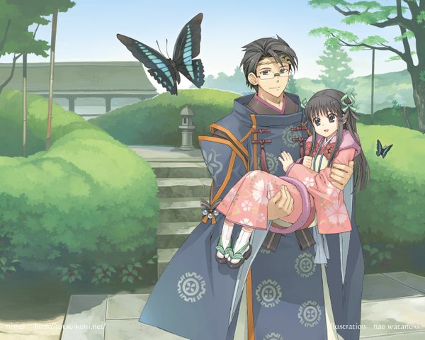 Anime picture 1280x1024 with watanuki nao long hair looking at viewer fringe short hair open mouth black hair smile standing sky full body traditional clothes japanese clothes grey eyes nature carrying princess carry girl boy bow