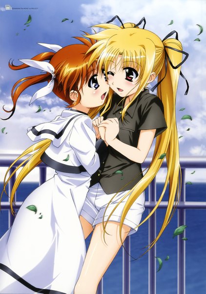 Anime picture 2962x4209 with mahou shoujo lyrical nanoha fate testarossa takamachi nanoha long hair tall image highres short hair blue eyes blonde hair brown hair twintails multiple girls brown eyes one eye closed wink holding hands face to face girl 2 girls shorts