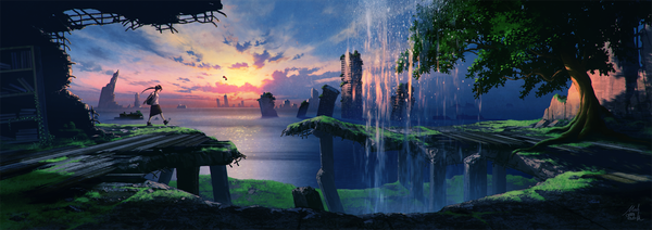 Anime picture 1600x566 with original mocha (cotton) single long hair black hair wide image signed sky cloud (clouds) evening sunset walking ruins waterfall overgrown girl plant (plants) tree (trees) water sea