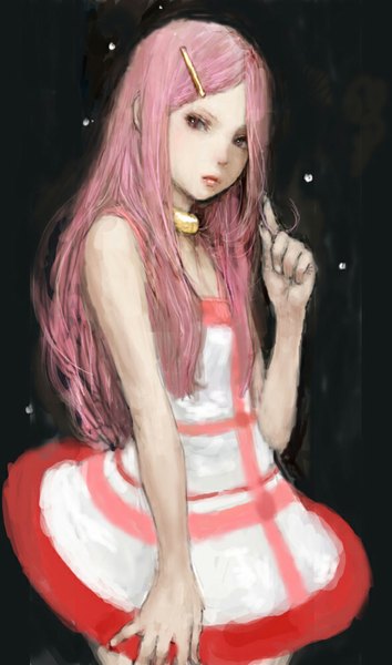Anime picture 591x1000 with eureka seven studio bones anemone pon00000 (pixiv) single long hair tall image simple background bare shoulders looking away pink hair pink eyes black background girl dress hair ornament choker hairclip sundress